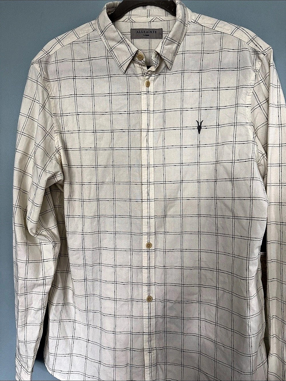AllSaints Plaid Button Down Cream & Blue Large Like New